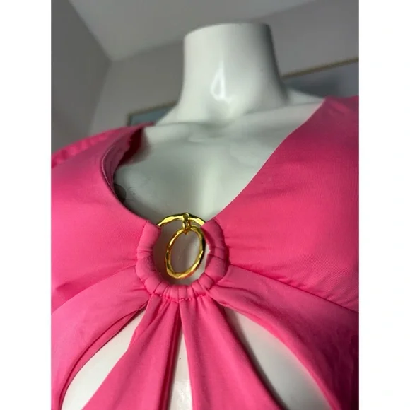Trina Turk Pink Flutter Sleeve V-Neck One Piece Swimsuit Geranium Size 14 XL